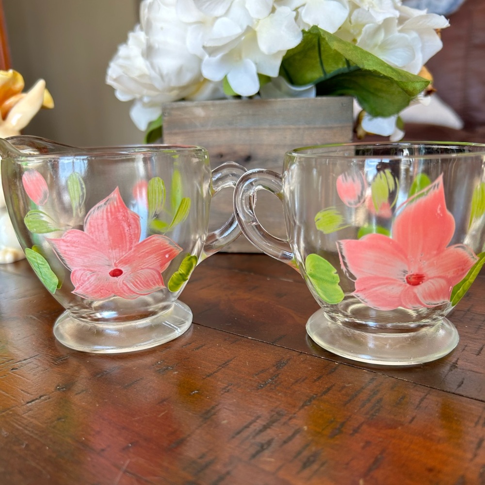 Vintage BartletteCollins hand painted clear glass cream and sugar set